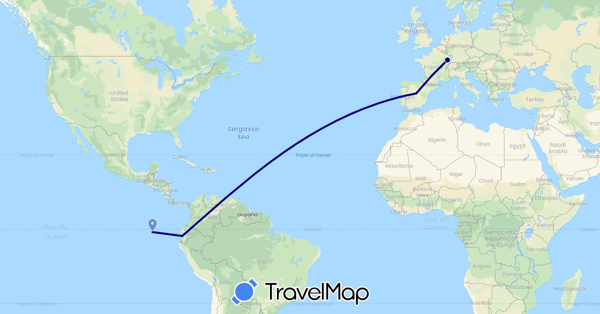 TravelMap itinerary: driving in Ecuador, Spain, France (Europe, South America)